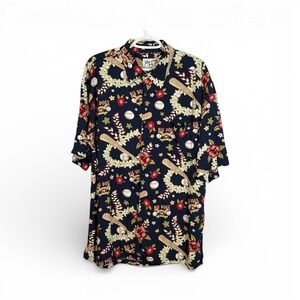 Big Dogs Mens Large Hawaiian Shirt Navy Blue Baseball Floral Print Button Up